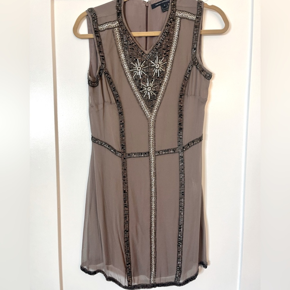 French Connection Beaded Shift Mini Dress - Silver Grey - Size 0 - Perfect